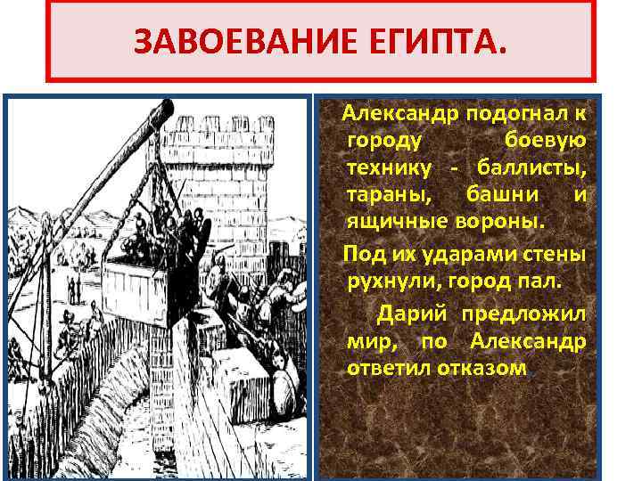 ЗАВОЕВАНИЕ ЕГИПТА. Александр подогнал к городу боевую технику - баллисты, тараны, башни и ящичные