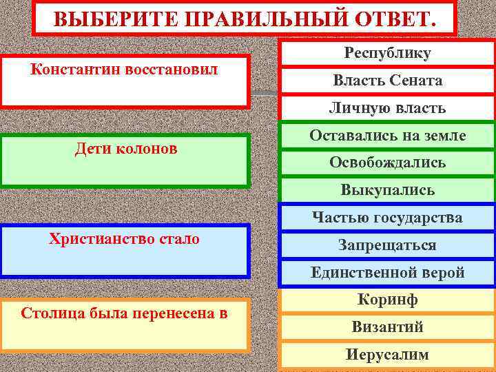 ВЫБЕРИТЕ ПРАВИЛЬНЫЙ ОТВЕТ. Константин восстановил Республику Власть Сената Личную власть Дети колонов Оставались на