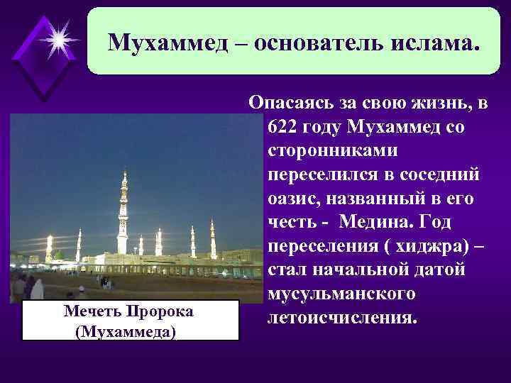 Мухаммед – основатель ислама. Мечеть Пророка (Мухаммеда)) Опасаясь за свою жизнь, в 622 году