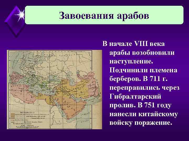 Завоевания арабов В начале VIII века арабы возобновили наступление. Подчинили племена берберов. В 711