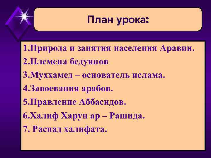 План урока: 1. Природа и занятия населения Аравии. 2. Племена бедуинов 3. Муххамед –