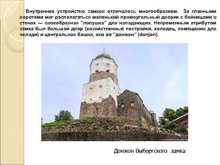 Внутреннее устройство замков отличалось многообразием. За главными воротами мог располагаться маленький прямоугольный дворик с