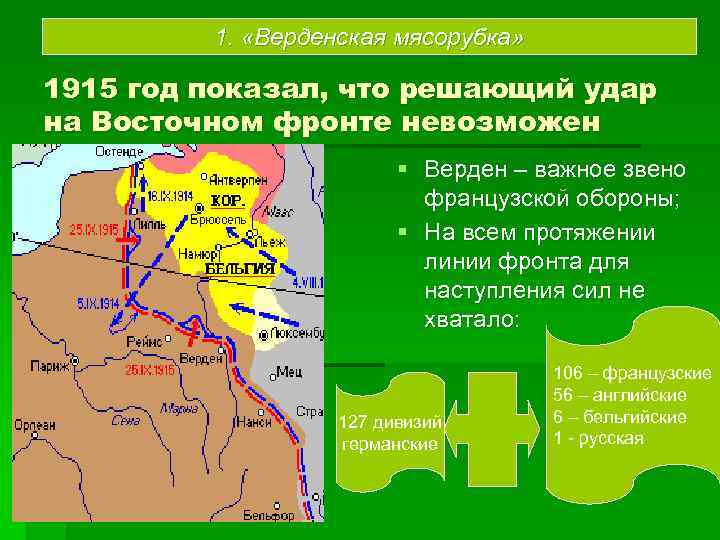 1. «Верденская мясорубка» 1915 год показал, что решающий удар на Восточном фронте невозможен §