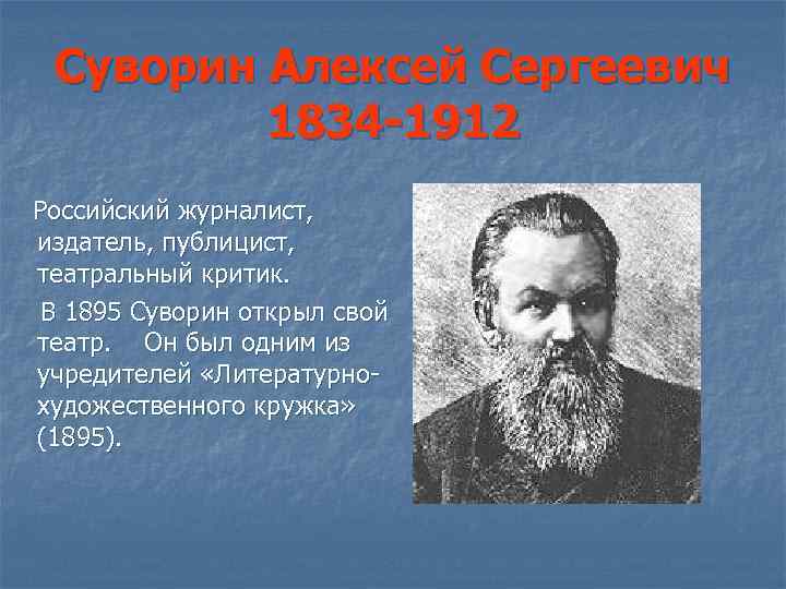 Суворин Алексей Сергеевич 1834 -1912 Российский журналист, издатель, публицист, театральный критик. В 1895 Суворин