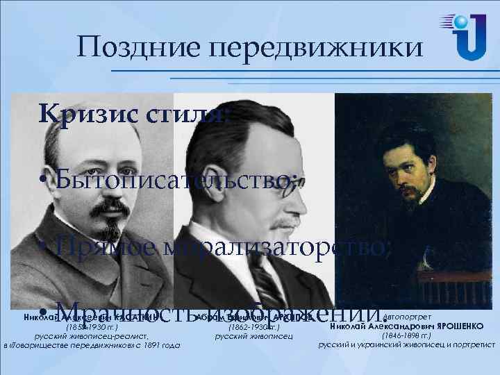 Поздние передвижники Кризис стиля: • Бытописательство; • Прямое морализаторство; • Мрачность изображений. Николай Алексеевич