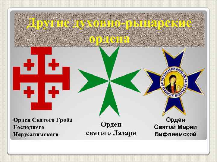 Другие духовно-рыцарские ордена Орден Святого Гроба Господнего Иерусалимского Орден святого Лазаря Орден Святой Марии
