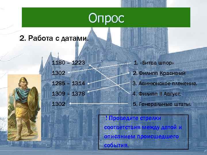 Опрос 2. Работа с датами. 1180 – 1223 1. «Битва шпор» 1302 2. Филипп