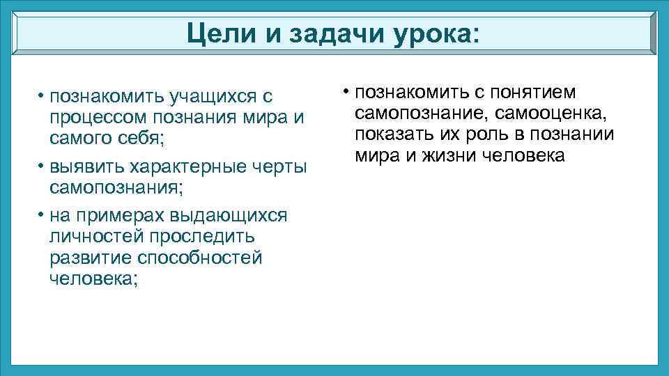 Цели и задачи урока: • познакомить учащихся с процессом познания мира и самого себя;