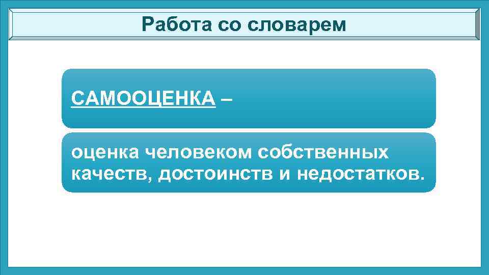 Работа со словарем САМООЦЕНКА – оценка человеком собственных качеств, достоинств и недостатков. 