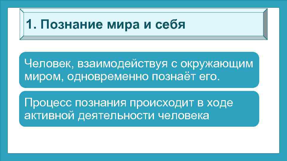 1. Познание мира и себя Человек, взаимодействуя с окружающим миром, одновременно познаёт его. Процесс