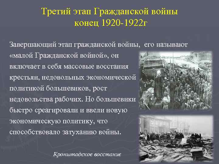 Третий этап Гражданской войны конец 1920 -1922 г Завершающий этап гражданской войны, его называют