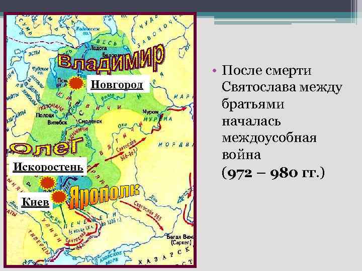 Новгород Искоростень Киев • После смерти Святослава между братьями началась междоусобная война (972 –