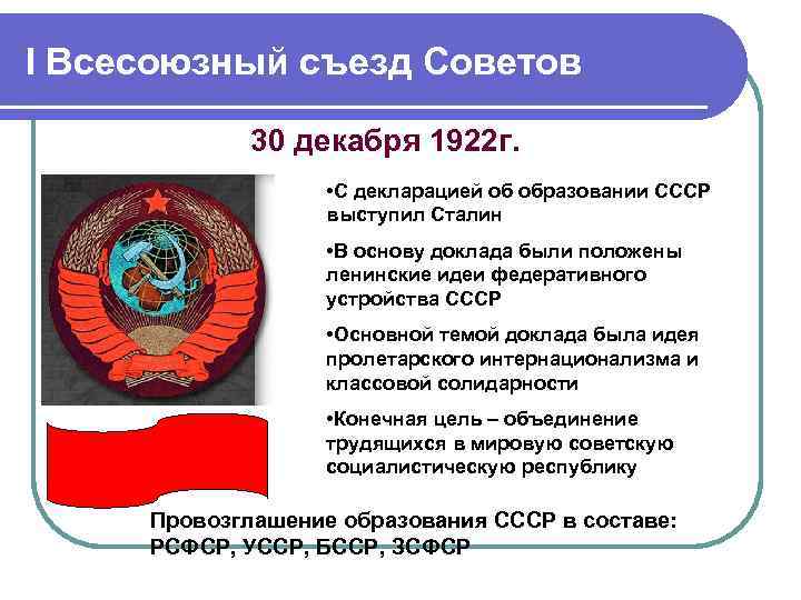 I Всесоюзный съезд Советов 30 декабря 1922 г. • С декларацией об образовании СССР