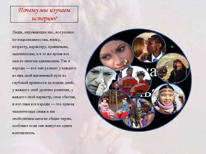 Почему мы изучаем историю? Люди, окружающие нас, все разные по национальностям, языку, возрасту, характеру,