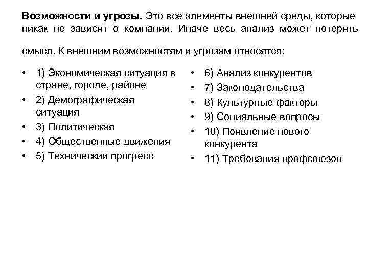 Возможности и угрозы. Это все элементы внешней среды, которые никак не зависят о компании.