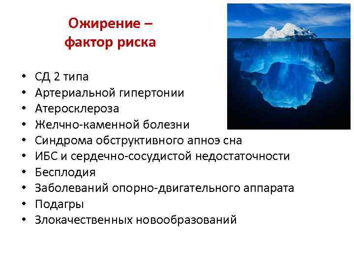 Ожирение – фактор риска • • • СД 2 типа Артериальной гипертонии Атеросклероза Желчно-каменной