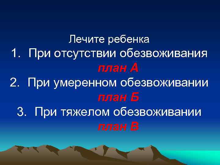 Лечите ребенка 1. При отсутствии обезвоживания план А 2. При умеренном обезвоживании план Б