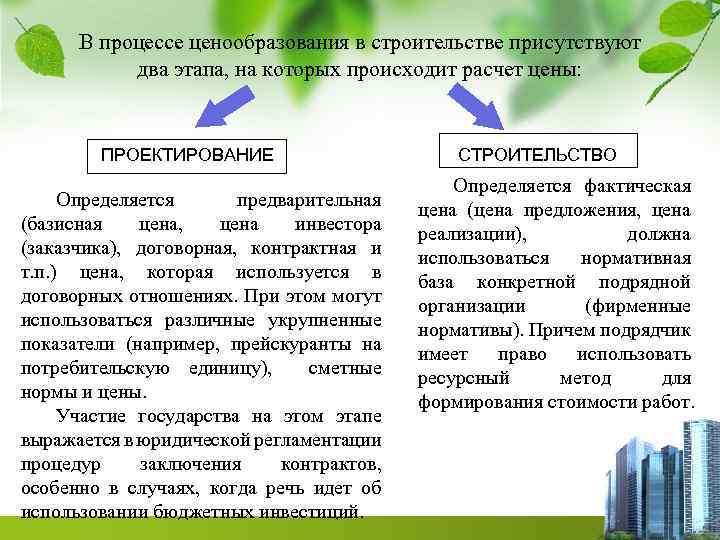 В процессе ценообразования в строительстве присутствуют два этапа, на которых происходит расчет цены: ПРОЕКТИРОВАНИЕ