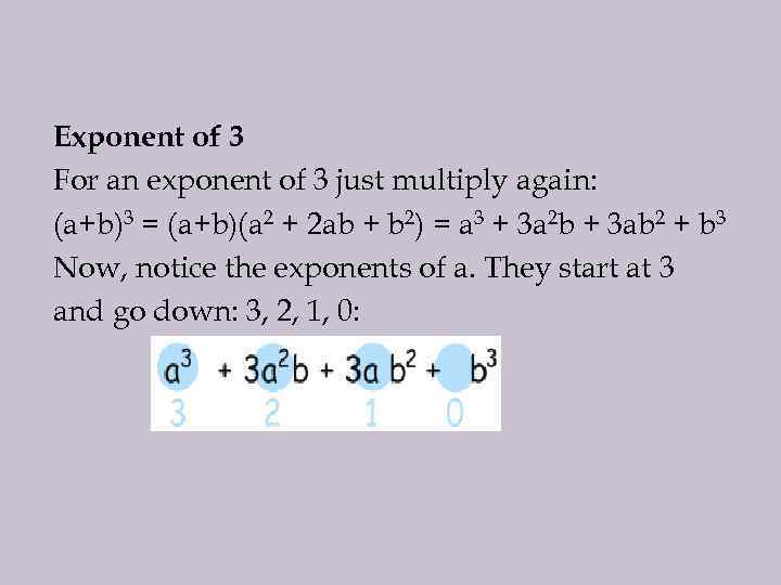 Exponent of 3 For an exponent of 3 just multiply again: (a+b)3 = (a+b)(a