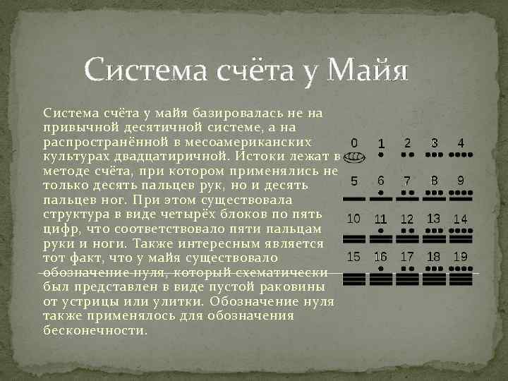  Система счёта у Майя Система счёта у майя базировалась не на привычной десятичной