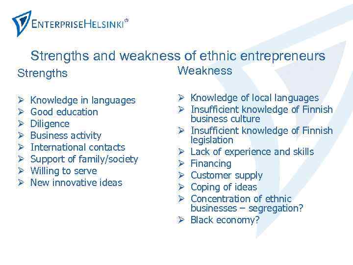 Strengths and weakness of ethnic entrepreneurs Strengths Ø Ø Ø Ø Knowledge in languages