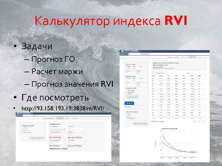Калькулятор индекса RVI • Задачи – Прогноз ГО – Расчет маржи – Прогноз значения