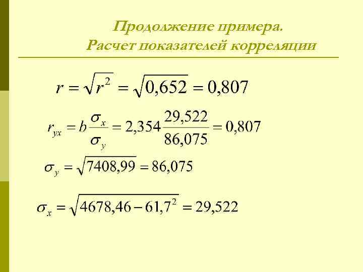 Продолжение примера. Расчет показателей корреляции 