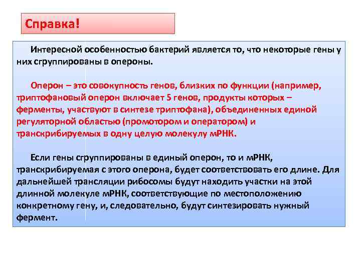 Справка! Интересной особенностью бактерий является то, что некоторые гены у них сгруппированы в опероны.