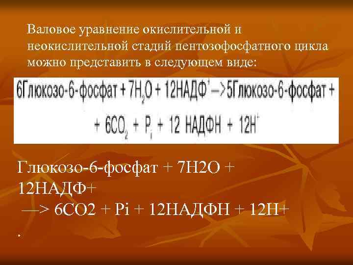 Валовое уравнение окислительной и неокислительной стадий пентозофосфатного цикла можно представить в следующем виде: Глюкозо-6