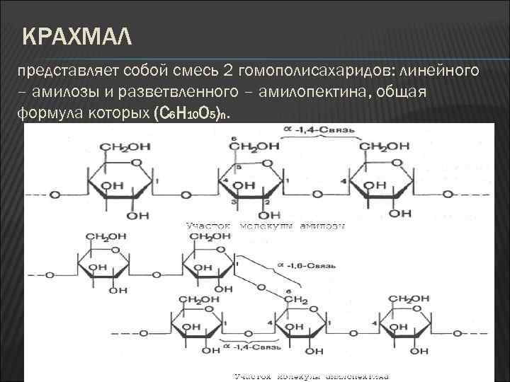 КРАХМАЛ представляет собой смесь 2 гомополисахаридов: линейного – амилозы и разветвленного – амилопектина, общая