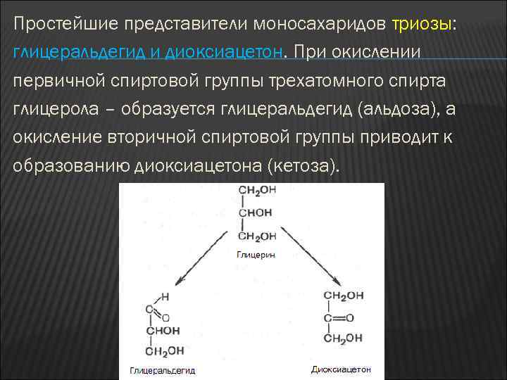 Простейшие представители моносахаридов триозы: глицеральдегид и диоксиацетон. При окислении первичной спиртовой группы трехатомного спирта