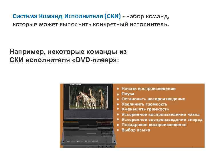 Система Команд Исполнителя (СКИ) - набор команд, которые может выполнить конкретный исполнитель. Например, некоторые