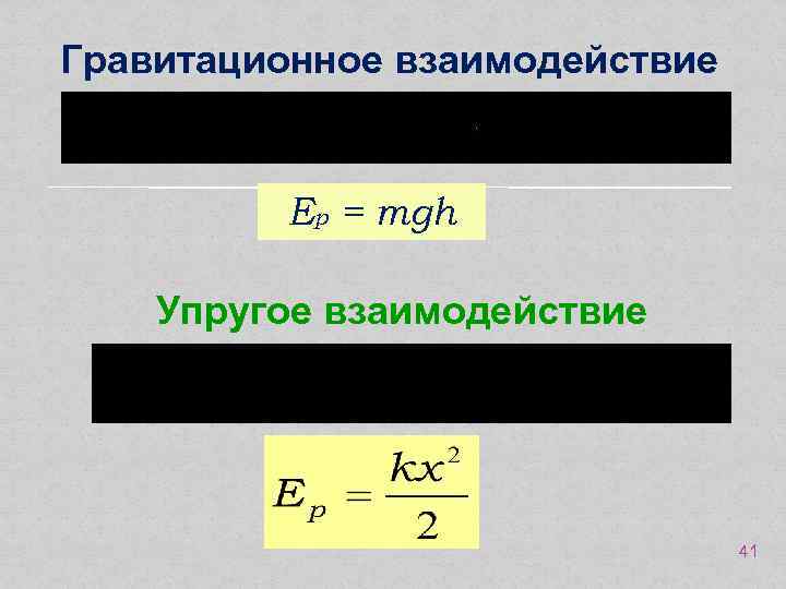 Гравитационное взаимодействие Ep = mgh Упругое взаимодействие 41 