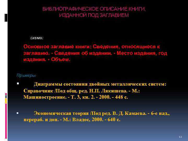 БИБЛИОГРАФИЧЕСКОЕ ОПИСАНИЕ КНИГИ, ИЗДАННОЙ ПОД ЗАГЛАВИЕМ Схема: схема: Основное заглавие книги: Сведения, относящиеся к