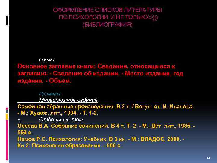 ОФОРМЛЕНИЕ СПИСКОВ ЛИТЕРАТУРЫ ПО ПСИХОЛОГИИ И НЕ ТОЛЬКО ))) (БИБЛИОГРАФИЯ) Схема: схема: Основное заглавие