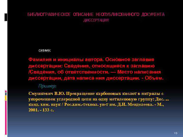 БИБЛИОГРАФИЧЕСКОЕ ОПИСАНИЕ НЕОПУБЛИКОВАННОГО ДОКУМЕНТА ДИССЕРТАЦИЯ Схема: схема: Фамилия и инициалы автора. Основное заглавие диссертации: