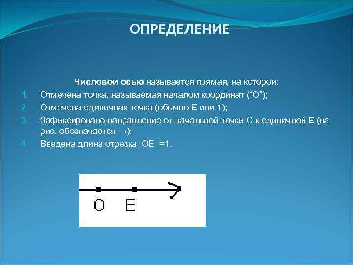 ОПРЕДЕЛЕНИЕ 1. 2. 3. 4. Числовой осью называется прямая, на которой: Отмечена точка, называемая