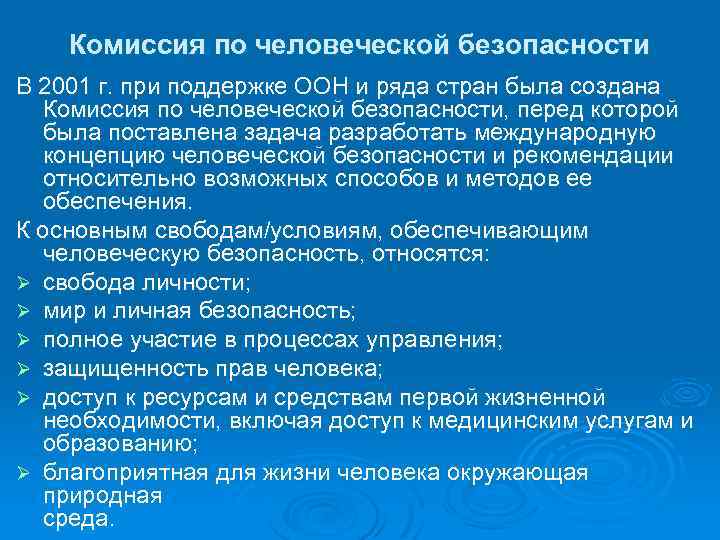 Комиссия по человеческой безопасности В 2001 г. при поддержке ООН и ряда стран была
