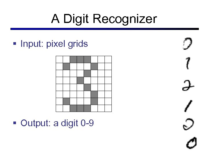 A Digit Recognizer § Input: pixel grids § Output: a digit 0 -9 