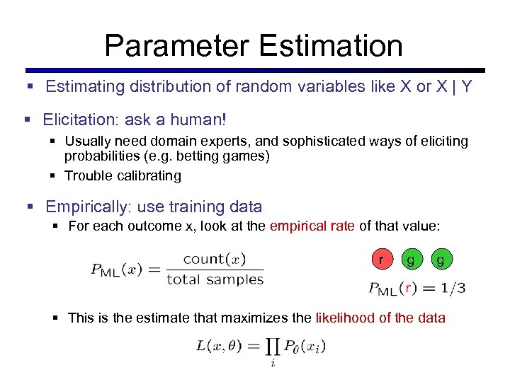 Parameter Estimation § Estimating distribution of random variables like X or X | Y