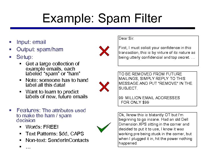 Example: Spam Filter § Input: email § Output: spam/ham § Setup: § Get a