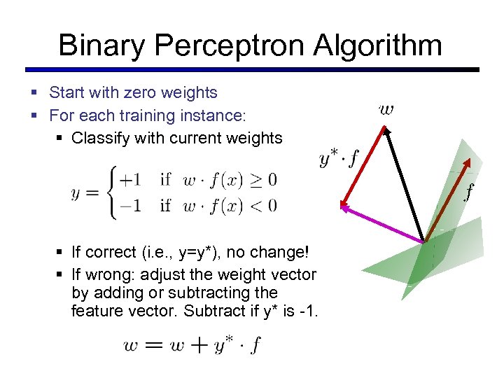Binary Perceptron Algorithm § Start with zero weights § For each training instance: §