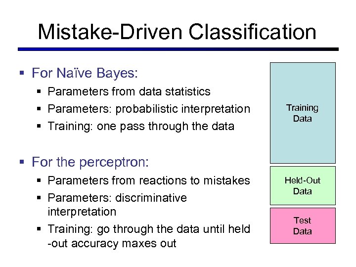 Mistake-Driven Classification § For Naïve Bayes: § Parameters from data statistics § Parameters: probabilistic