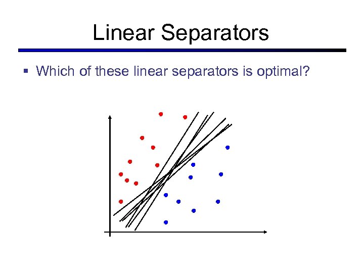 Linear Separators § Which of these linear separators is optimal? 
