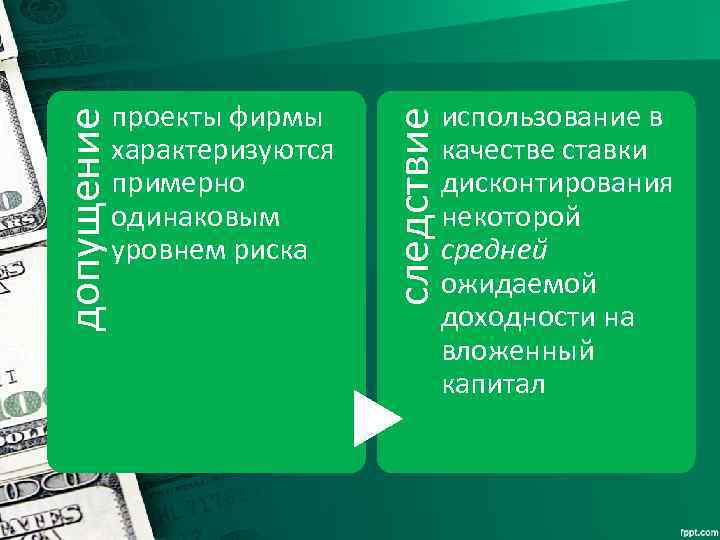 следствие допущение проекты фирмы характеризуются примерно одинаковым уровнем риска использование в качестве ставки дисконтирования