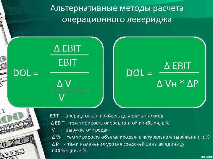 Альтернативные методы расчета операционного левериджа DOL = ∆ EBIT ∆ V V DOL =