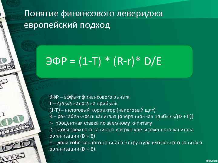 Понятие финансового левериджа европейский подход ЭФР = (1 -T) * (R-r)* D/E ЭФР –