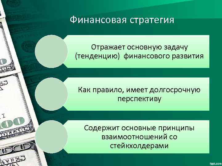 Финансовая стратегия Отражает основную задачу (тенденцию) финансового развития Как правило, имеет долгосрочную перспективу Содержит