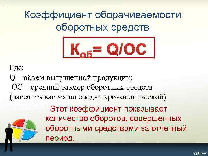 Коэффициент оборачиваемости оборотных средств Коб= Q/ОC Где: Q – объем выпущенной продукции; ОС –