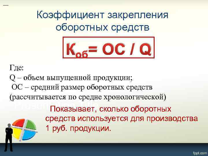 Коэффициент закрепления оборотных средств Коб= ОC / Q Где: Q – объем выпущенной продукции;